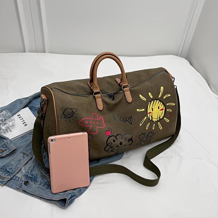Actual product image Only-Bags.Store Vintage Canvas Travel Duffel Bag, Cartoon Graffiti Print Weekend Bag with Shoulder Strap, Portable