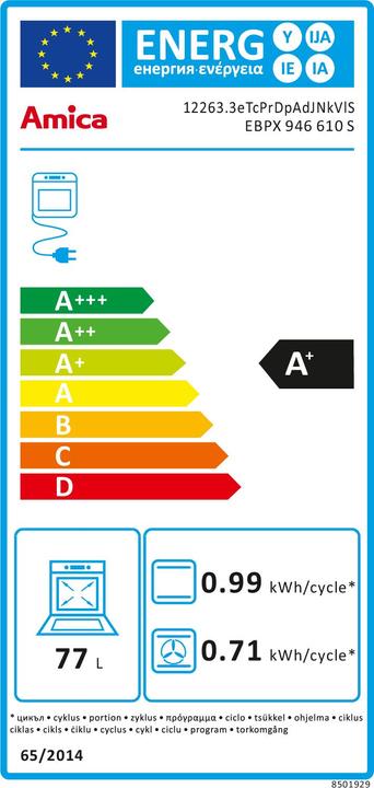 Energie-Label Amica Backofen ohne Kochfeld EBPX 946 610 S Nutzvolumen 77 l