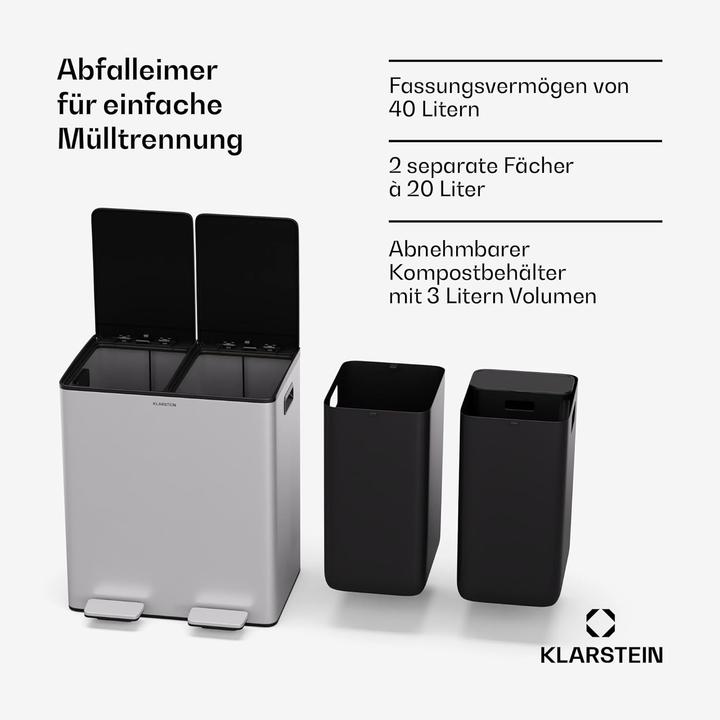 Image du produit Klarstein Mülleimer mit Mülltrennsystem und Kompostbehälter (43 l)