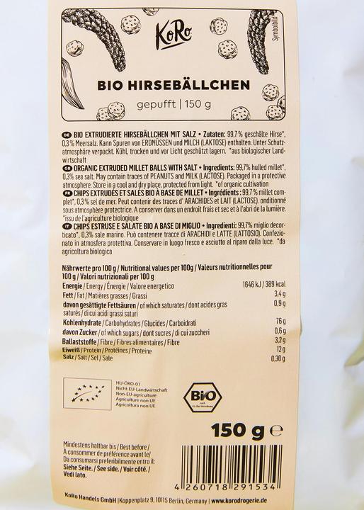 Valori nutrizionali e ingredienti KoRo Polpette di miglio estruso biologico con sale (2250 g)