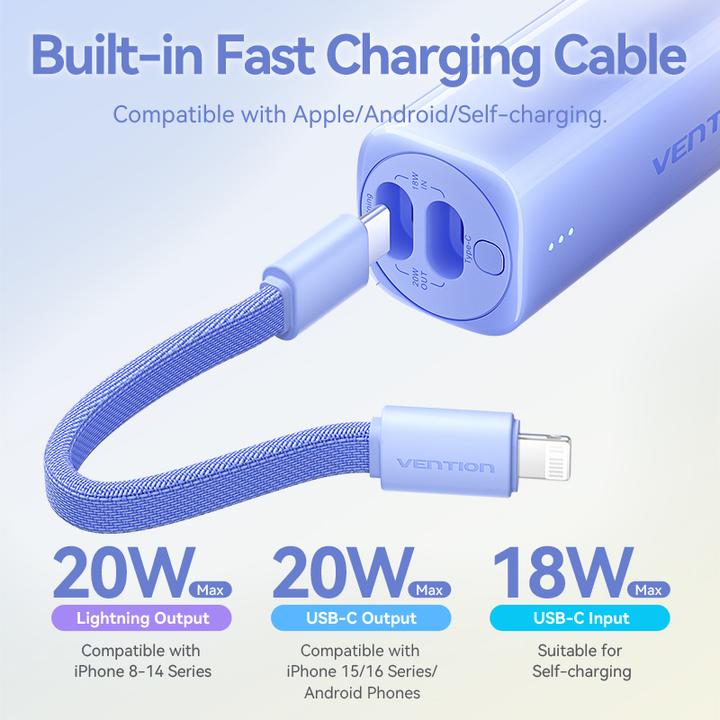 Produktbild Vention Powerbank 5000mAh FHWR0 20W + USB-C to lightning cable (pink) (5000 mAh, 20 W, 18.50 Wh)