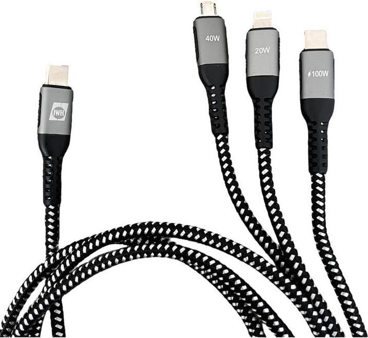 Produktbild IWH USB-Ladekabel USB-C®, USB-Micro-A Buchse, Apple Lightning Stecker 1.2 m 0 (1.20 m, USB 3.0, 100 W)