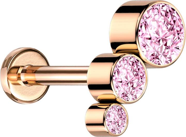 Star Piercing Micro Labret Innengewinde rosegold absteigend drei Kristalle pink (Titan G23, ohne Messing)