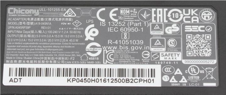 Image du produit Acer Adaptateur secteur original pour ordinateur portable (45 W)