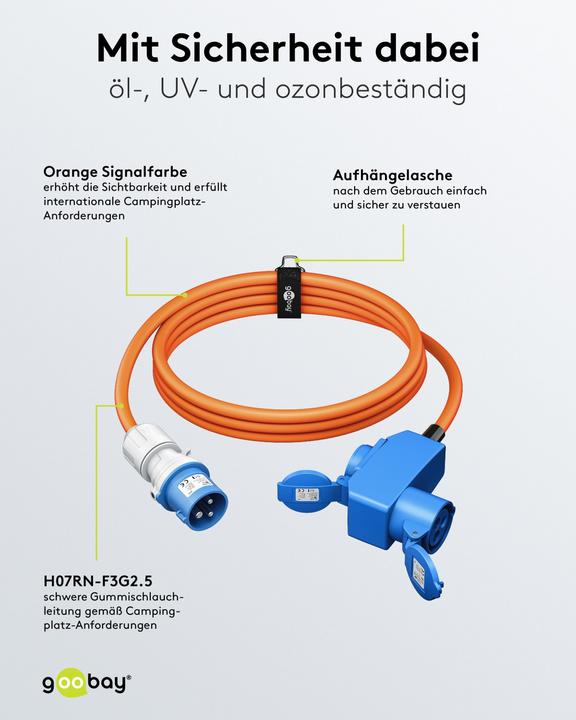 Produktbild Goobay CEE-Adapterleitung, CEE-Stecker auf 90° CEE-Kupplung und Schutzkontakt-Kupplung, 5 m (5 m, CEE 7/3)