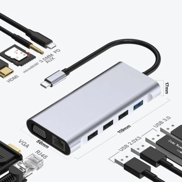 Produktbild Hermex Dockingstation Multi USB-Hub USB-C 11in1 USB-A HDMI microSD/SD RJ45 AUX VGA (USB-C, 11 Ports)
