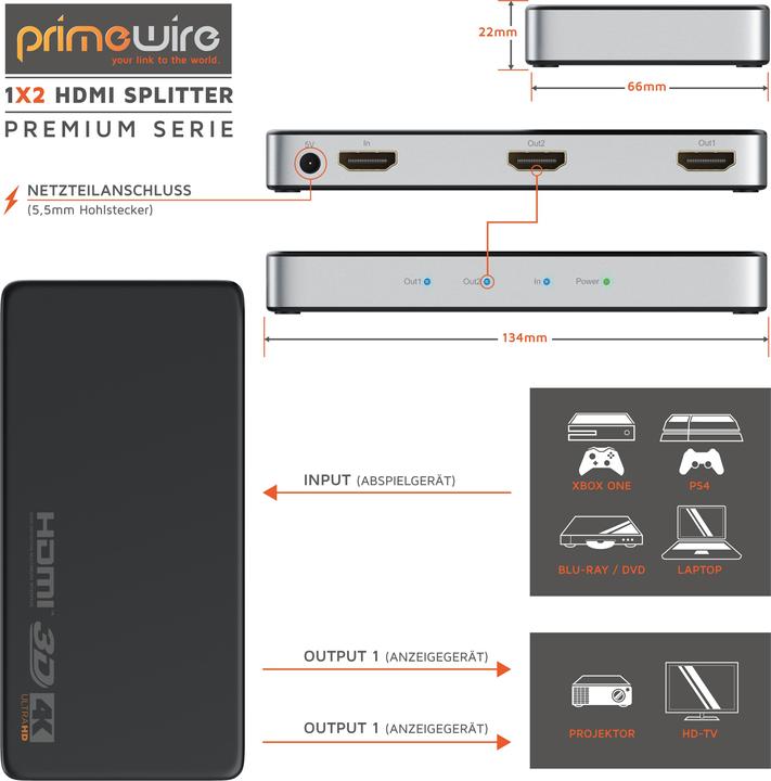 Produktbild Primewire HDMI Splitter, Umschalter, Verteiler 4K UHD 2160p 4K 30Hz, Full HD, CEC, HDCP, 3D Ready, Deep Color