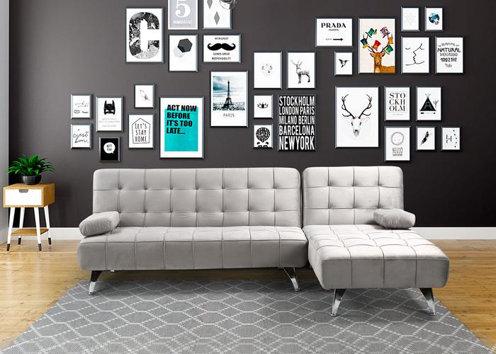 Produktbild Swisshandel24 Schlafsofa HWC-K22, Couch Ecksofa Sofa, Liegefläche links/rechts Schlaffunktion Samt grau (Ecksofa)