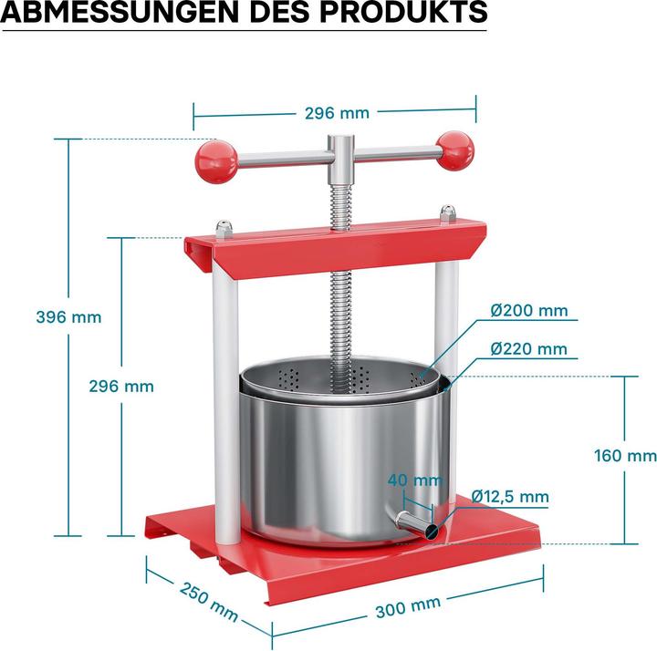 Immagine prodotto Wiltec Presse à fruits Pressoir à vin Acier 6l Cuve en acier inoxydable Pressoir Fruits Baies (Spina UE)