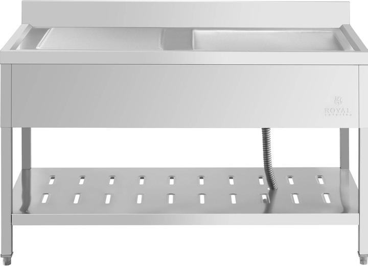 Actual product image Royal Catering Spültisch Spülbecken Edelstahlspüle Gastrospüle mit Regal 140 x 70 cm (Fitted sink with draining board, 25 cm, 70 cm)