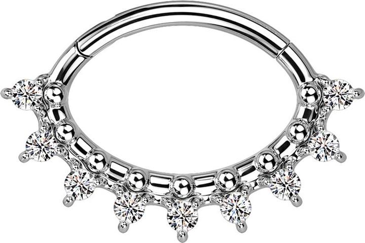 Actual product image Star Piercing Micro segment ring hinged silver oval nine crystals silver and beads (without brass, Surgical steel 316L)