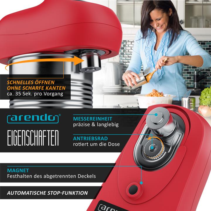 Produktbild Arendo Elektrischer Dosenöffner One Touch, automatische Drehung, für alle Dosen, ohne scharfe Kanten, rot