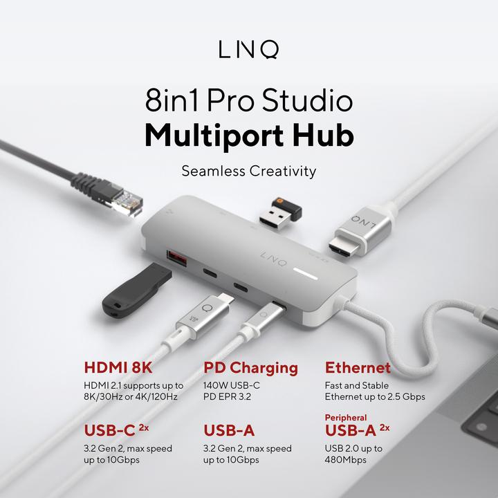 Image du produit LINQ Connects 8in1 8K PRO USB-C Multiport Hub 140W (USB-C, 8 Ports)