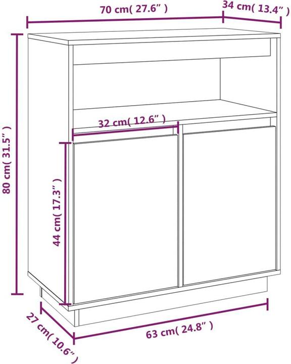 Image du produit VidaXL Sideboard 70x34x80cm Massivholz Kiefer Kommode Beistellschrank Anrichte (70 x 34 x 80 cm)