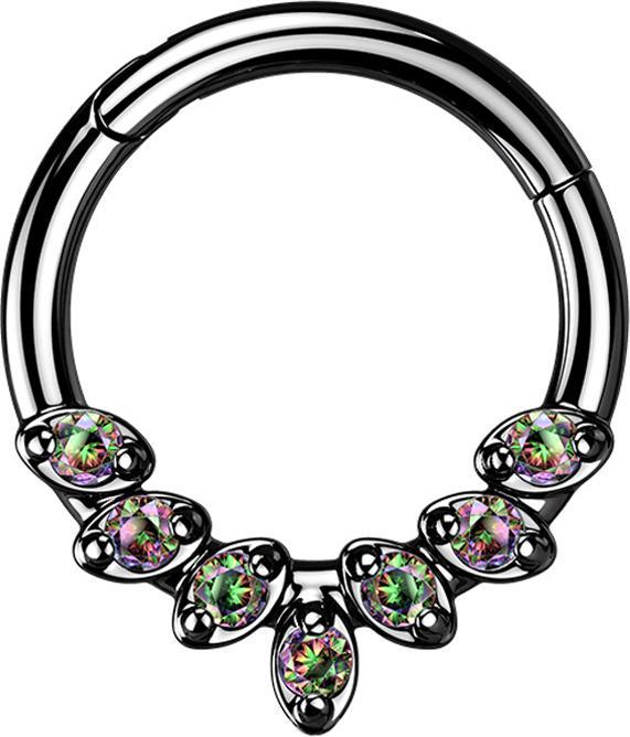 Produktbild Star Piercing Micro Segmentring klappbar schwarz sieben Kristallblätter dunkel multicolor (ohne Messing, Chirurgenstahl 316L)