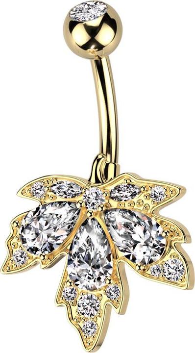 Star Piercing Banane vergoldet mit Kugel vergoldet Kristall silber und Ahornblatt Kristalle silber (Messing, Chirurgenstahl 316L)
