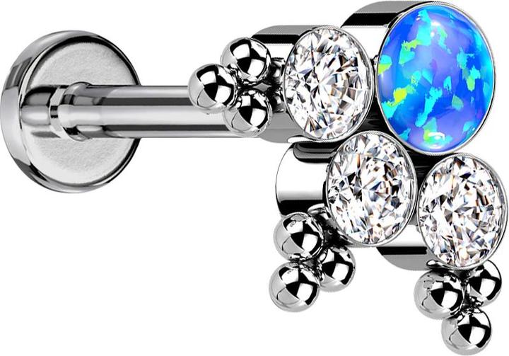 Star Piercing Micro Labret Innengewinde silber Kugeln Dreieck drei Kristalle silber Opal blau (ohne Messing, Titan G23)