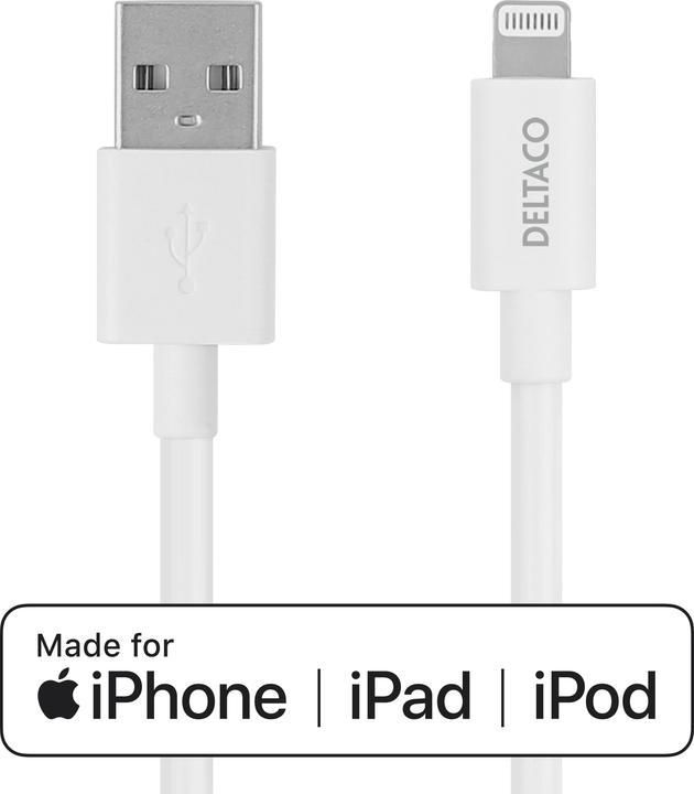 Actual product image Deltaco Lightning cable USB-A -Lightning, 1m, Apple C189 chipset, MFi, FSC-labeled packaging, white (1 m, USB 2.0)