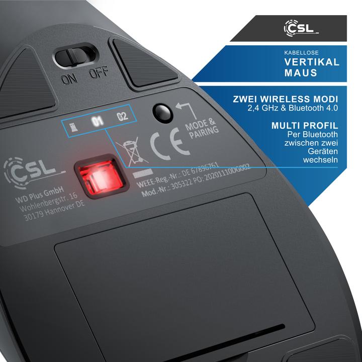 Actual product image CSL ergonomic mouse, radio, vertical, optical, wireless, 2.4Ghz & Bluetooth, arm-friendly, 2400 dpi (Wireless)