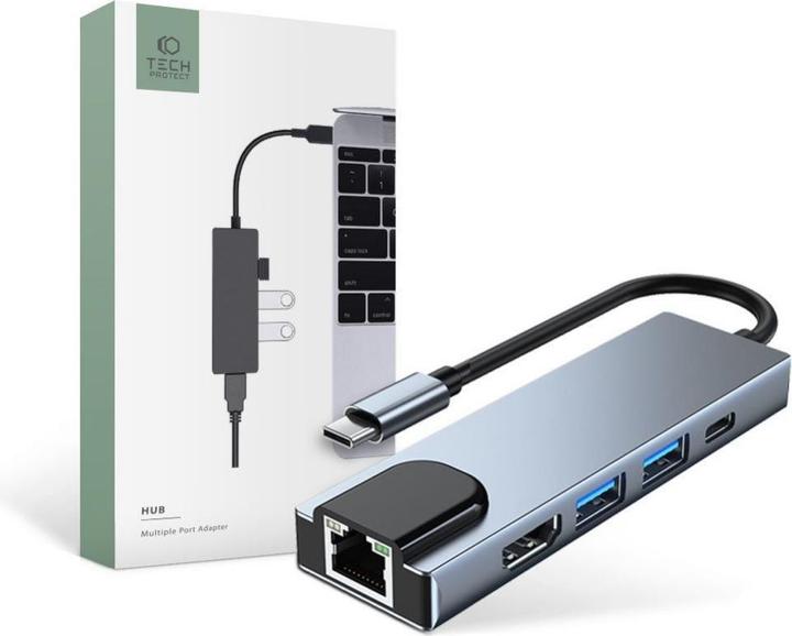 Produktbild Tech-Protect HUB V3 5in1 USB-C - USB-A 3.0 / USB-A 2.0 / USB-C / HDMI / RJ45 - gray (USB-C, 5 Ports)