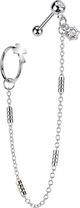 Star Piercing Micro Barbell silber mit Kugel und Kugeln Kristall silber Verbindungskette vier Balken Ring Kreuz (Chirurgenstahl 316L, Messing)
