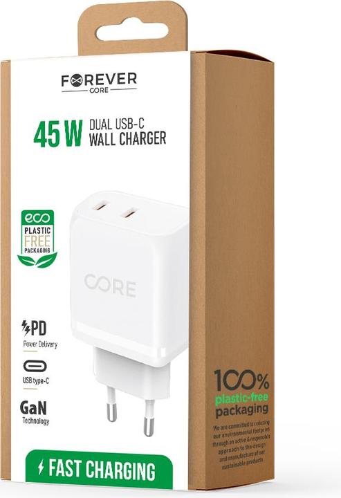 Produktbild Forever Core SMART PD Wandladegerät 2xUSB-C 45W (45 W)