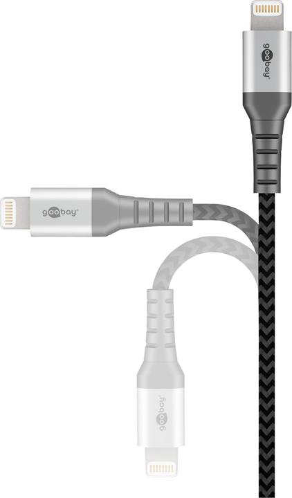 Produktbild Goobay Lightning auf USB-A Textilkabel mit Metallsteckern (space grau/silber) 2 m, 2 m, Schwarz-Grau (2 m, USB 2.0)