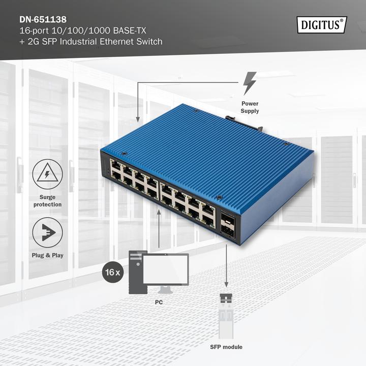 Image du produit Digitus Commutateur industriel Ethernet 16 ports 10/100/1000BASE-TX + 2G SFP (16 Ports)