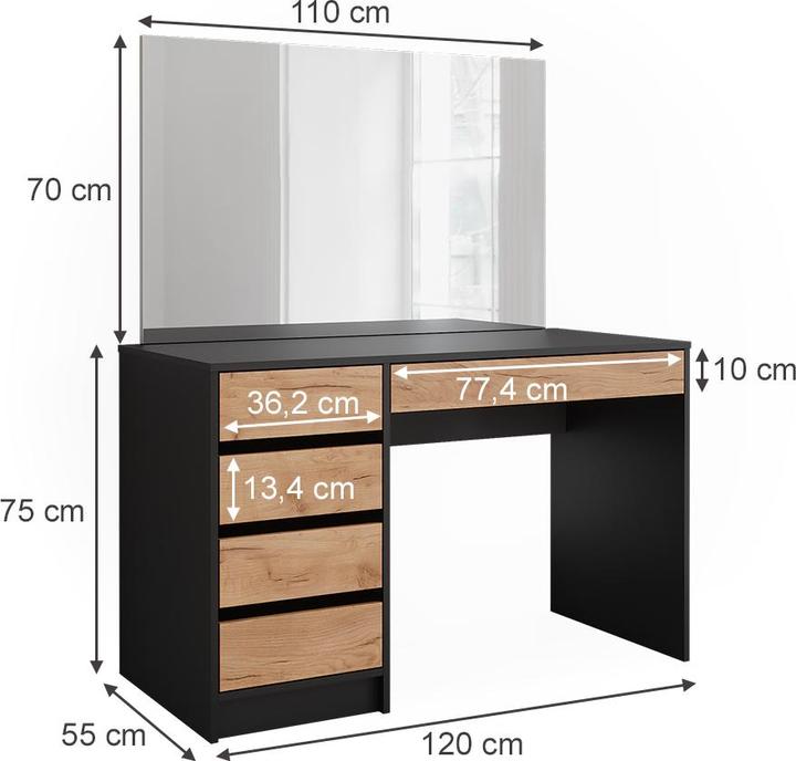 Actual product image Vicco Dressing table Sherry, Anthracite/golden oak, 120 x 75 cm with LED mirror and stool (120 x 75 x 55 cm)