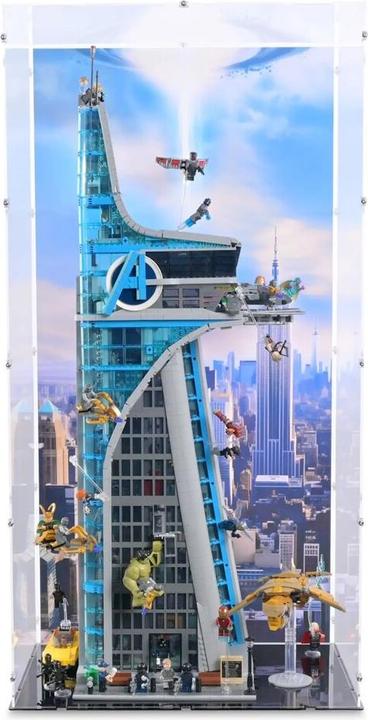 Produktbild iDisplayit Acryl-Display für LEGO® 76269 Avengers Tower (Mit Hintergrundmotiv und schwarzem Boden)