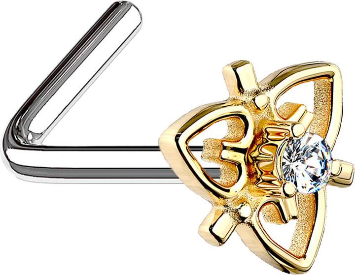 Star Piercing Nasenstecker gewinkelt 14k vergoldet filigran Herz mit Kristall (Chirurgenstahl 316L, Messing)