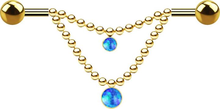 Star Piercing Barbell vergoldet zwei Kugeln zwei Ketten Opal blau (ohne Messing, Chirurgenstahl 316L)