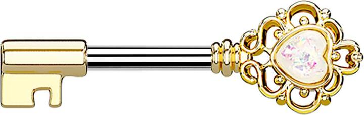 Star Piercing Barbell Barbell vergoldet Vintage Schlüssel mit Herzopal weiss (Messing, Chirurgenstahl 316L)