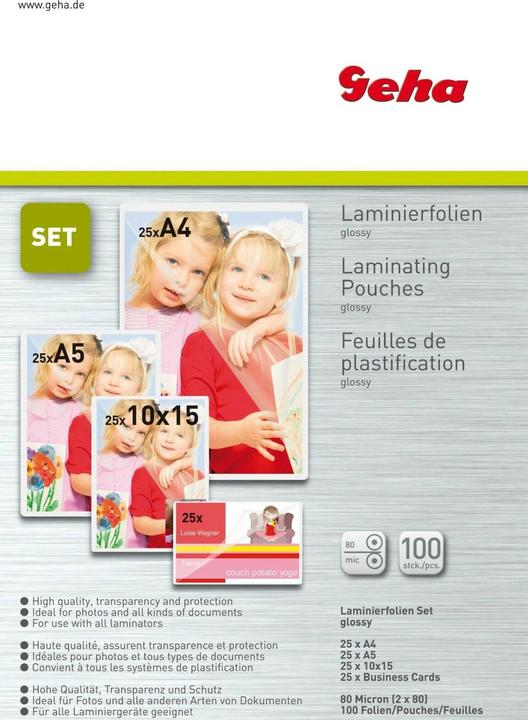 Actual product image Geha Laminating foil set (A4, A5, A6, A7, 100 Piece, 80 µm)