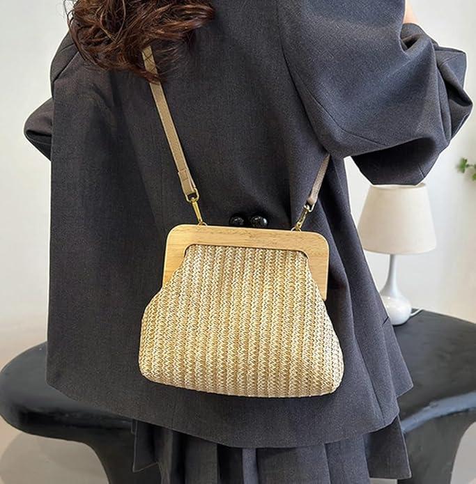 Immagine prodotto Only-Bags.Store Borsa crossbody vintage intrecciata, pochette a conchiglia a righe colorate, chiusura a scatto in
