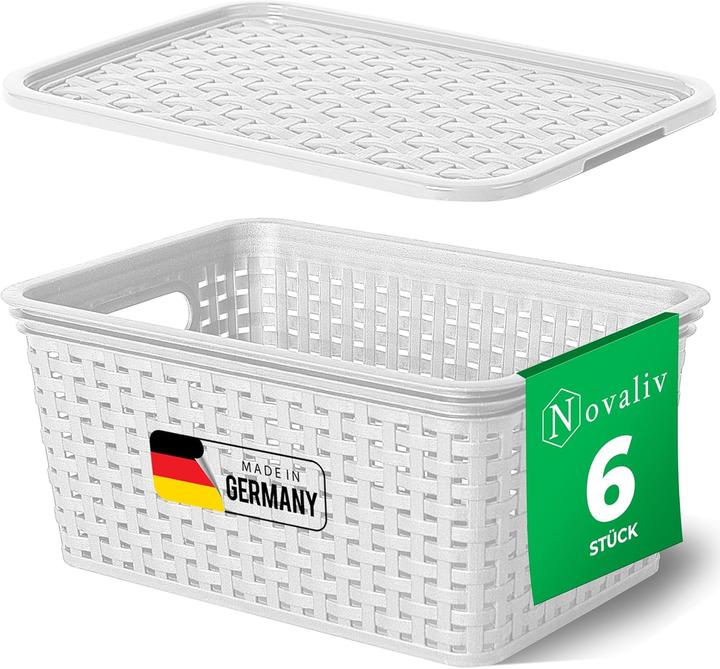 Produktbild Novaliv 6er Set Aufbewahrungsboxen mit Deckel Klein 5L Korb Weiss in Rattan Design Lebensmittelecht A (5 l)