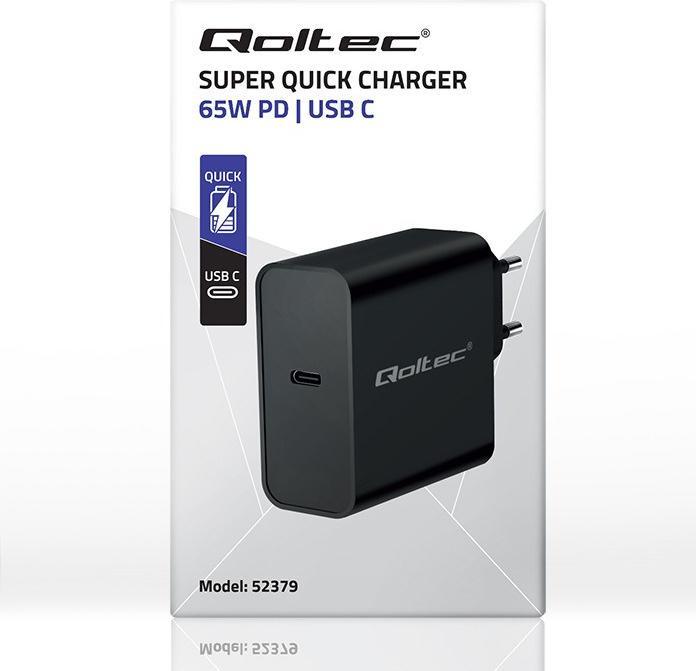 Actual product image Qoltec Ładowarka Super Quick PD | 65W | 5-20V | 3-3.25A | 1xUSB type C | Czarna (65 W)