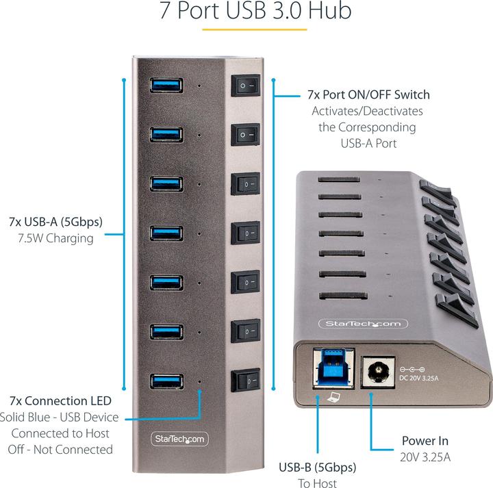 Produktbild StarTech com 7-Port Self-Powered USB-C Hub with Individual On/Off Switches, USB 3.0 5Gbps Expansion (USB-C, 7 Ports)