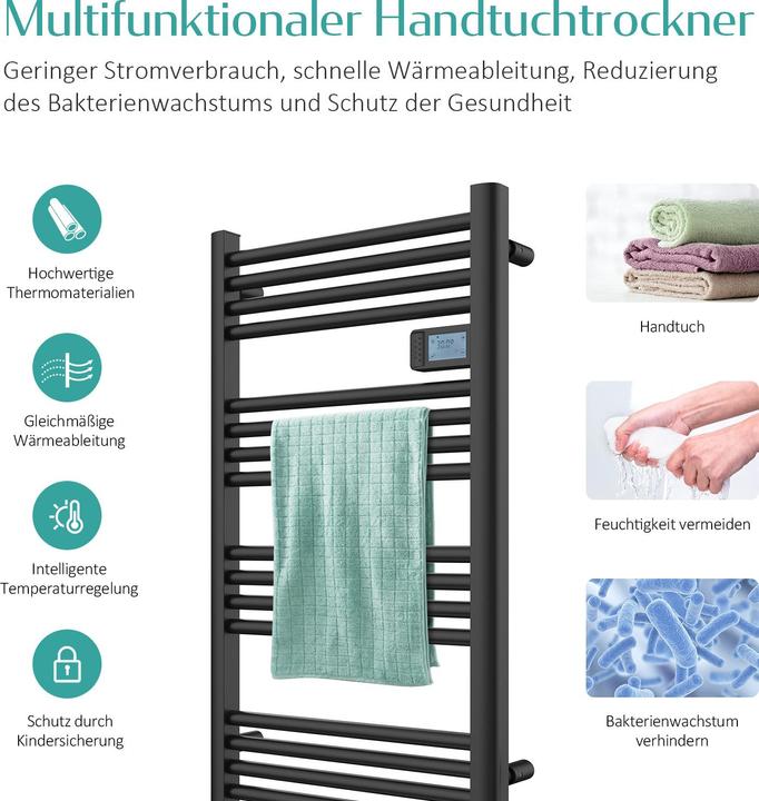 Actual product image Emke Bathroom Radiator Towel Rail Adjustable Temperature Control 96x54cm Black 500W (500 W)