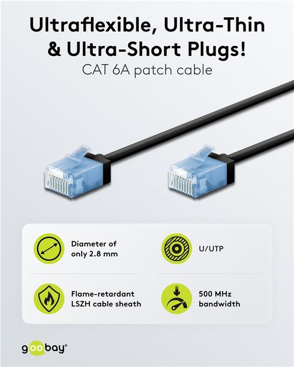 Produktbild Goobay Ultraflexibles CAT 6A Patchkabel, slim, U/UTP, schwarz (U/UTP, CAT6a, 0.25 m)