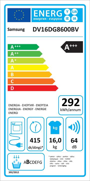Energie-Label Samsung DV16DG8600BVU3 (16 kg, Links)