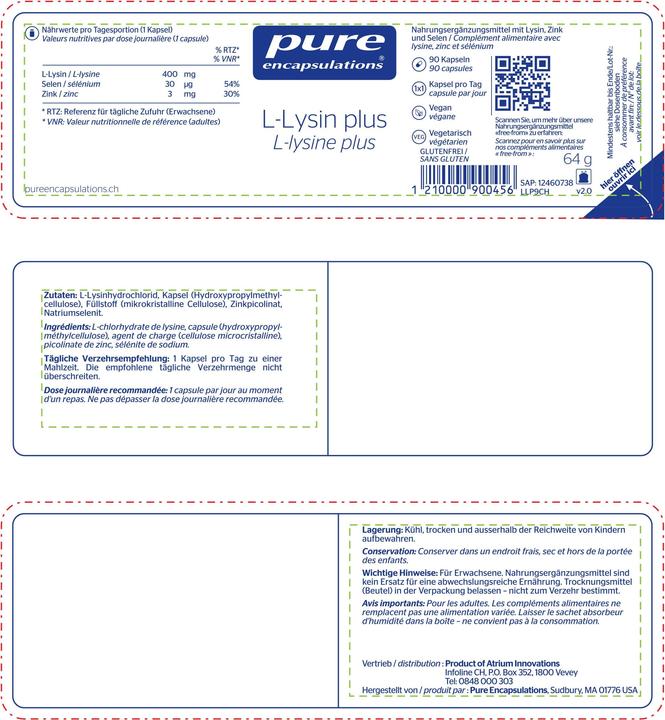 Nährwerte und Zutaten Pure encapsulations L-Lysin Plus (90 Stück, Kapseln, 98 g)