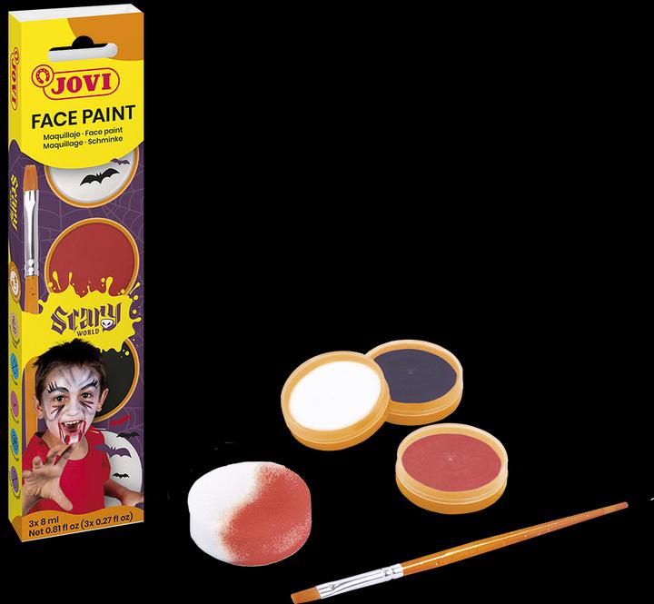 Actual product image Jovi Face Paint Scary 3 jars of 8 ml in white, red and black in hanging box. Including Make up sponge and
