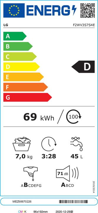 Energy Label LG F2WV3S7S4E Slim AI DDTM SteamTM 7kg Washing Machine Energy Class D (7 kg, Left)