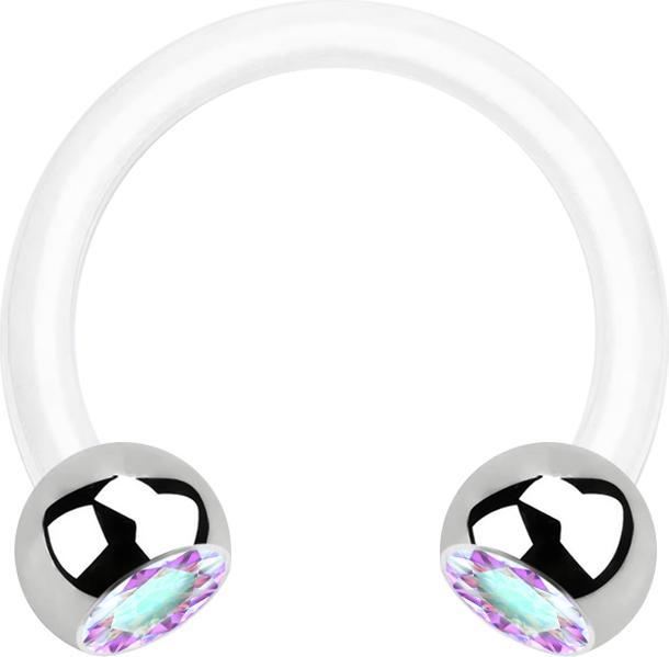 Image du produit Star Piercing Micro Circular Barbell blanc avec deux boules en cristal argenté multicolore (Bioflex, sans laiton, Acier chirurgical 316L)