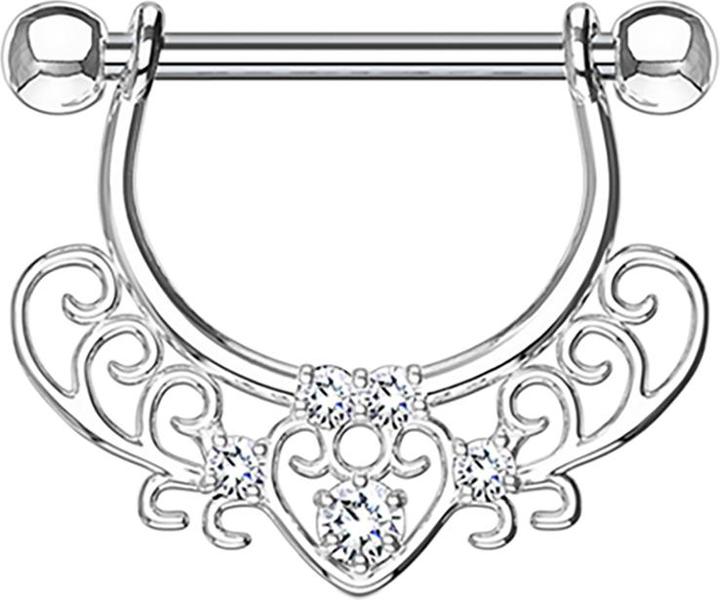 Star Piercing Barbell silber mit filigranen Herzmuster und Kristall (Messing, Chirurgenstahl 316L)