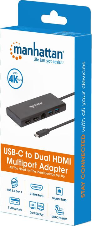 Image du produit Manhattan Adaptateur multiport SuperSpeed USB-C vers double HDMI (Port de connexion (propriétaire), 6 Ports)