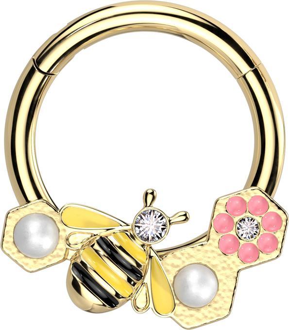 Produktbild Star Piercing Micro Segmentring klappbar vergoldet Biene und Blumen (Chirurgenstahl 316L, Messing)