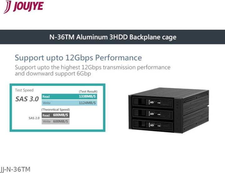 Produktbild Joujye JJ-N-36TM SATA-SAS I II III Gehäuse 8,6cm x 14,6cm for 3XHDD 6,4cm-8,9cm 2,5Zoll-3.5" Schwarz