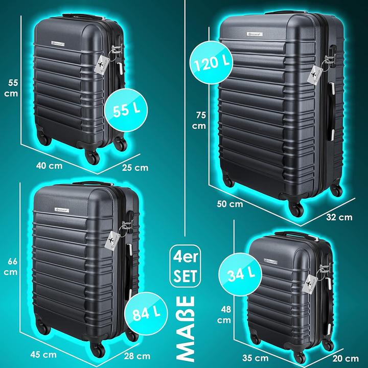 Immagine prodotto Kesser 4-teiliges ABS-Hartschalenkofferset (120 l, Bagaglio a mano (fino a 50 litri), M (50 - 90l), XL (da 115l))